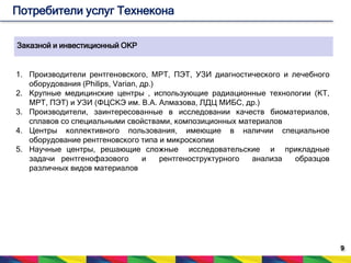 9 
Потребители услуг Технекона 
Заказной и инвестиционный ОКР 
1. Производители рентгеновского, МРТ, ПЭТ, УЗИ диагностического и лечебного 
оборудования (Philips, Varian, др.) 
2. Крупные медицинские центры , использующие радиационные технологии (КТ, 
МРТ, ПЭТ) и УЗИ (ФЦСКЭ им. В.А. Алмазова, ЛДЦ МИБС, др.) 
3. Производители, заинтересованные в исследовании качеств биоматериалов, 
сплавов со специальными свойствами, композиционных материалов 
4. Центры коллективного пользования, имеющие в наличии специальное 
оборудование рентгеновского типа и микроскопии 
5. Научные центры, решающие сложные исследовательские и прикладные 
задачи рентгенофазового и рентгеноструктурного анализа образцов 
различных видов материалов 
 