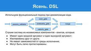 Ясень. DSL 
Используем функциональный подход при декомпозиции кода. 
params_validator 
ozon_gate 
onetwotrip_gate merge 
nabortu_gate 
Строим систему из независимых компонентов - юнитов, которые: 
● Имеют один входной аргумент и один выходной аргумент; 
● Изолированы друг от друга; 
● Не имеют зависимостей от среды исполнения; 
● Могут быть легко протестированы. 
 