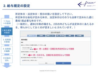 Copyright 2012-2014 © freee K. K. 
2. 給与規定の設定 
所定休日・法定休日・祝日の扱いを設定して下さい。 
所定休日は会社が定める休日、法定休日はそのうち法律で定めれた週に 
最低1度必要な休日です。 
（一般的に、週休2日制の場合も、2日の内どちらが法定休日にあたるか 
を、明らかにしておくのが望ましいとされています。） 
1. freee 
への登録 
2.給与規定 
の設定 
3. 従業員 
の登録 
4. 従業員 
の編集 
その後の 
流れ 
 