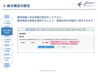Copyright 2012-2014 © freee K. K. 
2. 給与規定の設定 
雇用保険と労災保険の設定をして下さい。 
雇用保険は業種を選択することで、保険料率が自動的に設定されます。 
1. freee 
への登録 
2.給与規定 
の設定 
3. 従業員 
の登録 
4. 従業員 
の編集 
その後の 
流れ 
 