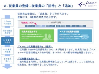 ３. 従業員の登録- 従業員の「招待」と「追加」 
従業員の登録は、「従業員」タブで行えます。 
登録には、2種類の方法があります。 
「メールで従業員を招待」（推奨） 
従業員にfreeeの従業員専用アカウントが発行されます。従業員は自らプロフ 
ィールや勤務情報を入力出来る他、オンライン上で給与明細を確認できます。 
Copyright 2012-2014 © freee K. K. 
「従業員を追加する」 
給与規定と同様に、従業員の情報を入力していく方法です。ここで追加した 
従業員を、後で招待することも可能です。 
1. freee 
への登録 
2.給与規定 
の設定 
3. 従業員 
の登録 
4. 従業員 
の編集 
その後の 
流れ 
 