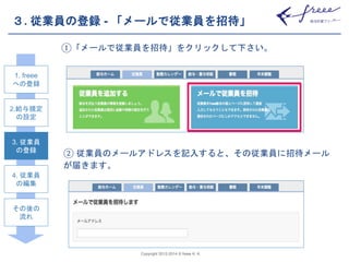３. 従業員の登録- 「メールで従業員を招待」 
①「メールで従業員を招待」をクリックして下さい。 
② 従業員のメールアドレスを記入すると、その従業員に招待メール 
が届きます。 
Copyright 2012-2014 © freee K. K. 
1. freee 
への登録 
2.給与規定 
の設定 
3. 従業員 
の登録 
4. 従業員 
の編集 
その後の 
流れ 
 