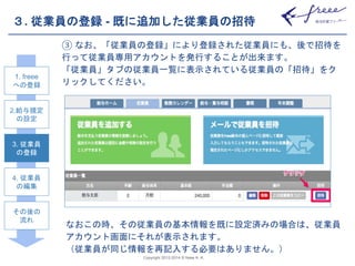 ３. 従業員の登録- 既に追加した従業員の招待 
③ なお、「従業員の登録」により登録された従業員にも、後で招待を 
行って従業員専用アカウントを発行することが出来ます。 
「従業員」タブの従業員一覧に表示されている従業員の「招待」をク 
リックしてください。 
なおこの時、その従業員の基本情報を既に設定済みの場合は、従業員 
アカウント画面にそれが表示されます。 
（従業員が同じ情報を再記入する必要はありません。） 
Copyright 2012-2014 © freee K. K. 
1. freee 
への登録 
2.給与規定 
の設定 
3. 従業員 
の登録 
4. 従業員 
の編集 
その後の 
流れ 
 