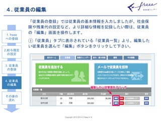 Copyright 2012-2014 © freee K. K. 
４. 従業員の編集 
「従業員の登録」では従業員の基本情報を入力しましたが、社会保 
険や残業代の設定など、より詳細な情報を記録したい際は、従業員 
の「編集」画面を操作します。 
①「従業員」タブに表示されている「従業員一覧」より、編集した 
い従業員を選んで「編集」ボタンをクリックして下さい。 
1. freee 
への登録 
2.給与規定 
の設定 
3. 従業員 
の登録 
4. 従業員 
の編集 
その後の 
流れ 
 