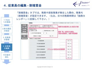 ４. 従業員の編集- 割増賃金 
「割増賃金」タブでは、残業や深夜残業が発生した際の、残業代 
（割増賃金）が設定できます。（なお、日々の残業時間は「勤務カ 
レンダー」に記録して下さい。） 
Copyright 2012-2014 © freee K. K. 
1. freee 
への登録 
2.給与規定 
の設定 
3. 従業員 
の登録 
4. 従業員 
の編集 
その後の 
流れ 
 