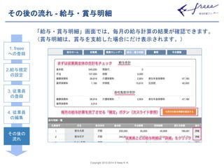 その後の流れ- 給与・賞与明細 
「給与・賞与明細」画面では、毎月の給与計算の結果が確認できます。 
（賞与明細は、賞与を支給した場合にだけ表示されます。） 
Copyright 2012-2014 © freee K. K. 
1. freee 
への登録 
2.給与規定 
の設定 
3. 従業員 
の登録 
4. 従業員 
の編集 
その後の 
流れ 
 