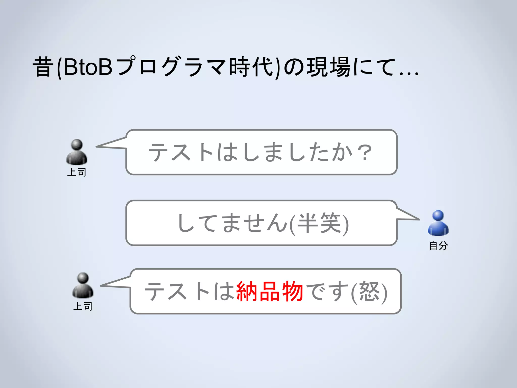 昔(BtoBプログラマ時代)の現場にて…
上司
テストはしましたか？
してません(半笑)
自分
上司
テストは納品物です(怒)
 