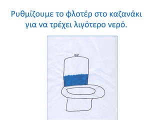 Ρυθμίζουμε το φλοτέρ στο καζανάκι 
για να τρέχει λιγότερο νερό. 
 