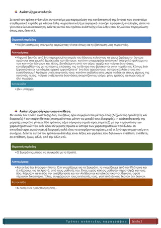 Τ ρ ό π ο ι α ν ά π τ υ ξ η ς π α ρ α γ ρ ά φ ο υ 
Σελίδα 2 
Ανάπτυξη με αναλογία 
Σε αυτό τον τρόπο ανάπτυξης συναντούμε μια παρομοίωση της κατάστασης ή της έννοιας που συναντάμε στη θεματική περίοδο με κάποια άλλη –κυριολεκτική ή μεταφορική- που έχει προφανείς αναλογίες, ώστε να γίνει πιο εύκολα κατανοητή. Δείκτες αυτού του τρόπου ανάπτυξης είναι λέξεις που δηλώνουν παρομοίωση: όπως, σαν, έτσι κτλ. 
Ανάπτυξη με σύγκριση και αντίθεση 
Με αυτόν τον τρόπο ανάπτυξης δύο, συνήθως, όροι συγκρίνονται μεταξύ τους (δείχνοντας ομοιότητες και διαφορές) ή αντιπαρατίθενται (επισημαίνοντας μόνον τις μεταξύ τους διαφορές). Η ανάπτυξη αυτής της μορφής μπορεί να γίνει με δύο τρόπους: α)με σύγκριση σημείο προς σημείο β) με την παρουσίαση των χαρακτηριστικών του ενός όρου σύγκρισης πρώτα κι ύστερα των χαρακτηριστικών του άλλου. Οι σπουδαιότερες ομοιότητες ή διαφορές καλό είναι να αναφέρονται πρώτες, ενώ οι λιγότερο σημαντικές στη συνέχεια. Δείκτες αυτού του τρόπου ανάπτυξης είναι λέξεις και φράσεις που δηλώνουν αντίθεση: αντίθετα, σε αντίθεση, όμως, αλλά, από την άλλη κτλ. 
Θεματική περίοδος 
•Η εξάπλωση μιας επιδημικής αρρώστιας γίνεται όπως και η εξάπλωση μιας πυρκαγιάς 
•. 
Λεπτομέρειες 
•Η φωτιά ξεκινάει από ένα περιορισμένο σημείο του δάσους καίγοντας τα γύρω ξερόχορτα∙ ύστερα υψώνεται στα χαμηλά ξερόκλαδα των δέντρων, κατόπιν αναρριχιέται απειλητική στα ψηλά φυλλώματα των κοντινών δέντρων και, τέλος, βοηθούμενη από τον αέρα, αρχίζει και παίρνει διαστάσεις, καταβροχθίζοντας με τις πύρινες γλώσσες της τα δέντρα που βρίσκονται στην πορεία της. Κάπως έτσι ξεφαντώνει και η επιδημία: αρχικά εμφανίζεται σ’ ένα δύο αρρώστους∙ ύστερα κολλάει στους πιο ευαίσθητους ή λιγότερο υγιείς συγγενείς τους∙ κατόπιν εισβάλλει στα μικρά παιδιά και στους γέρους της γειτονιάς∙ τέλος, παίρνει ανεξέλεγκτα διαστάσεις σκορπίζοντας τρόμο, ρίγη, εμετούς και πυρετούς σ’ όλη τη χώρα. 
Κατακλείδα 
•(δεν υπάρχει) 
Θεματική περίοδος 
•Ο Σωκράτης μπορεί να συγκριθεί με το Χριστό. 
Λεπτομέρειες 
•Και οι δυο δεν έγραψαν τίποτα. Ό,τι γνωρίζουμε για το Σωκράτη, το γνωρίζουμε από τον Πλάτωνα και ό,τι ξέρουμε για το Χριστό, από τους μαθητές του. Ένας ευρύς κύκλος μαθητών περιστοίχιζε και τους δύο. Κήρυξαν και οι δύο την ανεξιθρησκία και την Αλήθεια και καταδικάστηκαν σε θάνατο, αφού πέρασαν δικαστήριο. Τέλος, συγχώρεσαν τους εκτελεστές τους, γιατί από άγνοια έκαναν ό,τι έκαναν. 
Κατακλείδα 
•Κι αυτή είναι η αληθινή αγάπη... 
Αναλογία μεταξύ αρρώστιας και πυρκαγιάς 
Η φωτιά ξεκινά…υψώνεται…αναρριχιέται …παίρνει διαστάσεις … καταβροχθίζοντας 
Η επιδημία εμφανίζεται … κολλάει …εισβάλλει …παίρνει ανεξέλεγκτα διαστάσεις 
Σύγκριση μεταξύ Σωκράτη και Χριστού 
Σύγκριση σημείο προς σημείο: ό,τι γνωρίζουμε γι’ αυτούς, περιεχόμενο κηρύγματος, συγχώρεση 
 