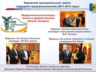 Кировский муниципальный район: 
поддержка предпринимателей (2011-2013 годы) 
Межрегиональный конгресс 
малого и среднего бизнеса 
«Бизнес конгресс» 
Медалью «За успехи в бизнесе» II степени 
награждена И.В. Белай 
Медалью «За заслуги в бизнесе» 
награжден ИП В.Б. Акопян 
Орденом «Золотой фонд регионов» 
награжден глава администрации района 
В.Ф. Лукинов 
Участникам «Бизнес конгресса» вручены 
Дипломы Лауреата Премии Общественного Признания «Золотой Фонд Регионов» 
 