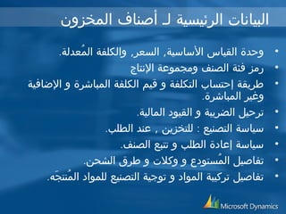 البيانات الرئيسية لـ أصناف المخزون 
• وحدة القياس الساسية, السعر, والكلفة المُعدلة. 
• رمز فئة الصنف ومجموعة النتاج 
• طريقة إحتساب التكلفة و قيم الكلفة المباشرة و الضافية 
وغير المباشرة. 
• ترحيل الضريبة و القيود المالية. 
• سياسة التصنيع : للتخزين , عند الطلب. 
• سياسة إعادة الطلب و تتبع الصنف. 
• تفاصيل المُستودع و وكلت و طرق الشحن. 
• تفاصيل تركيبة المواد و توجية التصنيع للمواد المُنتجَه. 
 