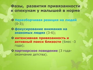 Фазы, развития привязанности к опекунам у малышей в норме 
Неразборчивая реакция на людей (0-3); 
фокусирование внимания на знакомых людях (3-6); 
интенсивная привязанность и активный поиск близости (6мес -3 года); 
партнерское поведение (3 года- окончание детства).  