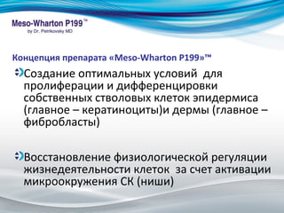 Концепция препарата «Meso-Wharton P199»™ 
Создание оптимальных условий для 
пролиферации и дифференцировки 
собственных стволовых клеток эпидермиса 
(главное – кератиноциты)и дермы (главное – 
фибробласты) 
Восстановление физиологической регуляции 
жизнедеятельности клеток за счет активации 
микроокружения СК (ниши) 
 