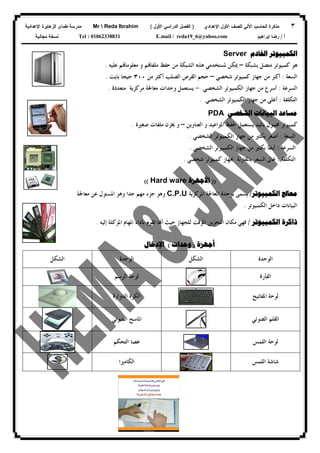 ٣‫ﻟﻠﺼﻑ‬ ‫ﺍﻵﻟﻲ‬ ‫ﺍﻟﺤﺎﺴﺏ‬ ‫ﻤﺫﻜﺭﺓ‬‫ﺍﻷﻭل‬‫ﺍﻹﻋﺩﺍﺩﻱ‬)‫ﺍﻷﻭل‬ ‫ﺍﻟﺩﺭﺍﺴﻲ‬ ‫ﺍﻟﻔﺼل‬(Mr  Reda Ibrahim‫ﺍﻹﻋﺩﺍﺩﻴﺔ‬ ‫ﺍﻟﺯﻫﺎﻴﺭﺓ‬ ‫ﻁﻤﺎﻯ‬ ‫ﻤﺩﺭﺴﺔ‬
‫ﺃ‬/‫ﺇﺒﺭﺍﻫﻴﻡ‬ ‫ﺭﻀﺎ‬E.mail / reda19_6@yahoo.comTel : 01062338831‫ﻤﺠﺎﻨﻴﺔ‬ ‫ﻨﺴﺨﺔ‬
‫ﺍﳋﺎﺩﻡ‬ ‫ﺍﻟﻜﻤﺒﻴﻮﺗﺮ‬Server
‫ﺑﺸﺒﻜﺔ‬ ‫ﻣﺘﺼﻞ‬ ‫ﻛﻤﺒﻴﻮﺗﺮ‬ ‫ﻫﻮ‬–‫ﳝﻜﻦ‬‫ﳌﺴﺘﺨﺪﻣﻲ‬‫ﻋﻠﻴﻪ‬ ‫ﻢ‬‫ﻣﻌﻠﻮﻣﺎ‬ ‫ﻭ‬ ‫ﻢ‬‫ﻣﻠﻔﺎ‬ ‫ﺣﻔﻆ‬ ‫ﻣﻦ‬ ‫ﺍﻟﺸﺒﻜﺔ‬ ‫ﻫﺬﻩ‬.
‫ﺍﻟﺴﻌﺔ‬:‫ﻛﻤﺒﻴﻮﺗﺮ‬ ‫ﺟﻬﺎﺯ‬ ‫ﻣﻦ‬ ‫ﺃﻛﱪ‬‫ﺷﺨﺼﻲ‬–‫ﻣﻦ‬ ‫ﺃﻛﺜﺮ‬ ‫ﺍﻟﺼﻠﺐ‬ ‫ﺍﻟﻘﺮﺹ‬ ‫ﺣﺠﻢ‬٣٠٠‫ﺑﺎﻳﺖ‬ ‫ﺟﻴﺠﺎ‬.
‫ﺍﻟﺴﺮﻋﺔ‬:‫ﺍﻟﻜﻤﺒﻴﻮﺗﺮ‬ ‫ﺟﻬﺎﺯ‬ ‫ﻣﻦ‬ ‫ﺃﺳﺮﻉ‬‫ﺍﻟﺸﺨﺼﻲ‬-‫ﻣﺘﻌﺪﺩﺓ‬ ‫ﻣﺮﻛﺰﻳﺔ‬ ‫ﻣﻌﺎﳉﺔ‬ ‫ﻭﺣﺪﺍﺕ‬ ‫ﻳﺴﺘﻌﻤﻞ‬.
‫ﺍﻟﺘﻜﻠﻔﺔ‬:‫ﺃﻏ‬‫ﺍﻟﻜﻤﺒﻴﻮﺗﺮ‬ ‫ﺟﻬﺎﺯ‬ ‫ﻣﻦ‬ ‫ﻠﻰ‬‫ﺍﻟﺸﺨﺼﻲ‬.
‫ﺍﻟﺒﻴﺎﻧﺎﺕ‬ ‫ﻣﺴﺎﻋﺪ‬‫ﺍﻟﺸﺨﺼﻲ‬PDA
‫ﻭ‬ ‫ﺍﳌﻮﺍﻋﻴﺪ‬ ‫ﳊﻔﻆ‬ ‫ﻳﺴﺘﻌﻤﻞ‬ ‫ﺑﺎﻟﻴﺪ‬ ‫ﳏﻤﻮﻝ‬ ‫ﻛﻤﺒﻴﻮﺗﺮ‬‫ﺍﻟﻌﻨﺎﻭﻳﻦ‬–‫ﺻﻐﲑﺓ‬ ‫ﻣﻠﻔﺎﺕ‬ ‫ﳜﺰﻥ‬ ‫ﻭ‬.
‫ﺍﻟﺴﻌﺔ‬:‫ﺍﻟﻜﻤﺒﻴﻮﺗﺮ‬ ‫ﺟﻬﺎﺯ‬ ‫ﻣﻦ‬ ‫ﺑﻜﺜﲑ‬ ‫ﺃﺻﻐﺮ‬‫ﺍﻟﺸﺨﺼﻲ‬.
‫ﺍﻟﺴﺮﻋﺔ‬:‫ﺍﻟﻜﻤﺒﻴﻮﺗﺮ‬ ‫ﺟﻬﺎﺯ‬ ‫ﻣﻦ‬ ‫ﺑﻜﺜﲑ‬ ‫ﺃﺑﻄﺄ‬‫ﺍﻟﺸﺨﺼﻲ‬.
‫ﺍﻟﺘﻜﻠﻔﺔ‬:‫ﺑﺎﳌ‬ ‫ﺍﻟﺴﻌﺮ‬ ‫ﻏﺎﱃ‬‫ﻛﻤﺒﻴﻮﺗﺮ‬ ‫ﲜﻬﺎﺯ‬ ‫ﻘﺎﺭﻧﺔ‬‫ﺷﺨﺼﻲ‬.
))‫ﺍﻷﺟﻬﺰﺓ‬Hard ware((
‫ﺍﻟﻜﻤﺒﻴﻮﺗﺮ‬ ‫ﻣﻌﺎﰿ‬/‫ﺍﳌﺮﻛﺰﻳﺔ‬ ‫ﺍﳌﻌﺎﳉﺔ‬ ‫ﺑﻮﺣﺪﺓ‬ ‫ﻳﺴﻤﻰ‬C.P.U‫ﻭ‬‫ﻋﻦ‬ ‫ﺍﳌﺴﺌﻮﻝ‬ ‫ﻭﻫﻮ‬ ‫ﺟﺪﺍ‬ ‫ﻣﻬﻢ‬ ‫ﺟﺰﺀ‬ ‫ﻫﻮ‬‫ﻣﻌﺎﳉﺔ‬
‫ﺍﻟﺒﻴﺎﻧﺎ‬‫ﺕ‬‫ﺍﻟﻜﻤﺒﻴﻮﺗﺮ‬ ‫ﺩﺍﺧﻞ‬.
‫ﺍﻟﻜﻤﺒﻴﻮﺗﺮ‬ ‫ﺫﺍﻛﺮﺓ‬/‫ﻓﻬﻲ‬‫ﺣﻴﺚ‬ ‫ﻟﻠﺠﻬﺎﺯ‬ ‫ﺍﳌﺆﻗﺖ‬ ‫ﺍﻟﺘﺨﺰﻳﻦ‬ ‫ﻣﻜﺎﻥ‬‫ﺎ‬‫ﺃ‬‫ﺗﻘﻮﻡ‬‫ﺑﺄﺩﺍﺀ‬‫ﺍﳌﻮﻛﻠﺔ‬ ‫ﺍﳌﻬﺎﻡ‬‫ﺇﻟﻴﻪ‬.
‫ﺃﺟﻬﺰﺓ‬)‫ﻭﺣﺪﺍﺕ‬(‫ﺍﻹﺩﺧﺎﻝ‬
‫ﺍﻟﻮﺣﺪﺓ‬‫ﺍﻟﺸﻜﻞ‬‫ﺍﻟﻮﺣﺪﺓ‬‫ﺍﻟﺸﻜﻞ‬
‫ﺍﻟﻔﺄﺭﺓ‬‫ﺍﻟﺮﺳﻢ‬ ‫ﻟﻮﺣﺔ‬
‫ﻟ‬‫ﺍﳌﻔﺎﺗﻴﺢ‬ ‫ﻮﺣﺔ‬‫ﺍﻟﺪﻭﺍﺭﺓ‬ ‫ﺍﻟﻜﺮﺓ‬
‫ﺍﻟﻘﻠﻢ‬‫ﺍﻟﻀﻮﺋﻲ‬‫ﺍﳌﺎﺳﺢ‬‫ﺍﻟﻀﻮﺋﻲ‬
‫ﺍﻟﻠﻤﺲ‬ ‫ﻟﻮﺣﺔ‬‫ﺍﻟﺘﺤﻜﻢ‬ ‫ﻋﺼﺎ‬
‫ﺍﻟﻠﻤﺲ‬ ‫ﺷﺎﺷﺔ‬‫ﺍﻟﻜﺎﻣﲑﺍ‬
 