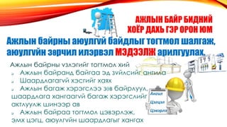 АЖЛЫН БАЙР БИДНИЙ
ХОЁР ДАХЬ ГЭР ОРОН ЮМ
Ажлын байрны аюулгvй байдлыг тогтмол шалгаж,
аюулгvйн зθрчил илэрвэл МЭДЭЭЛЖ арилгуулах.
Ажлын байрны vзлэгийг тогтмол хий
 Ажлын байранд байгаа эд зvйлсийг ангила
 Шаардлагагvй хэсгийг хаях
 Ажлын багаж хэрэгслээ зθв байрлуул,
шаардлага хангаагvй багаж хэрэгслийг
актлуулж шинээр ав
 Ажлын байраа тогтмол цэвэрлэж,
эмх цэгц, аюулгvйн шаардлагыг хангах
Ангил
Цэгцэл
Цэвэрлэ
 
