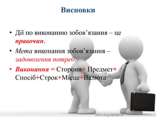 Висновки 
• Дії по виконанню зобов’язання – це 
правочин. 
• Мета виконання зобов’язання – 
задоволення потреб. 
• Виконання = Сторони+ Предмет+ 
Спосіб+Строк+Місце+Валюта 
 