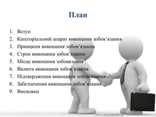 План 
1. Вступ 
2. Категоріальний апарат виконання зобов’язання 
3. Принципи виконання зобов’язання 
4. Строк виконання зобов’язання 
5. Місце виконання зобовязання 
6. Валюта виконання зобов’язання 
7. Підтвердження виконання зобов’язання 
8. Забезпечення виконання зобов’язання 
9. Висновки 
 