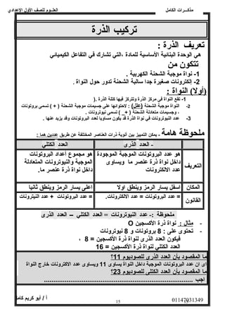العلــوم للصف الولل العددادي 
تركيب الذرة 
مذكـــرات الكامل 
تعريف الذرة : 
هي الوحدة البنائية الساسية للمادة ،التي تشارك في التفاعدل الكيميائي 
تتكون من 
-1 نواة موجبة الشحنة الكهربية . 
-2 إلكترولنات صغيرة جدا سالبة الشحنة تدولر حول النواة . 
(أول)  النواة : 
-1 تقع النواة فى مركز الذرة ولتتركز فيها كتلة الذرة .( 
-2 النواة موجبة الشحنة (عدلل) : لحتوائها عدلى جسيمات موجبة الشحنة ( + ) تسمى برولتونات 
، ولجسيمات متعادلة الشحنة ( +_ ) تسمى نيوترولنات . 
-3 عددد النيوترولنات في نواة الذرة قد يكون مساوليا لعدد البرولتونات ولقد يزيد عدنها . 
ملحوظة هامة - يمكن التمييز بين أنوية ذرات العناصر المختلفة عدن طريق عدددين هما : 
- العدد الذرى العدد الكتلي 
التعريف 
هو عددد البرولتونات الموجبة الموجودة 
داخل نواة ذرة عدنصر ما وليساولى 
عددد اللكترولنات 
هو مجموع أعدداد البرولتونات 
الموجبة ولالنيوترولنات المتعادلة 
داخل نواة ذرة عدنصر ما. 
المكان اسفل يسار الرمز ولينطق اولل اعدلى يسار الرمز ولينطق ثانيا 
القانون = عددد البرولتونات = عددد اللكترولنات. = عددد البرولتونات + عددد النيترولنات 
ملحوظة :- عدد النيوترونات = العدد الكتلي – العدد الذرى 
O - مثال : نواة ذرة الكسجين 
- تحتوى عدلى : 8 برولتونات ول 8 نيوترولنات 
، فيكون العدد الذرى لنواة ذرة الكسجين = 8 
العدد الكتلي لنواة ذرة الكسجين = 16 
؟ م ا ا لمقصود ب أن ا لعدد ا لذرى ل لصوديوم 11 
اى ان عددد البرولتونات الموجبة داخل النواة يساولى 11 وليساولى عددد الكترولنات خارج النواة 
؟ م ا ا لمقصود ب أن ا لعدد ا لكتلى ل لصوديوم 23 
اجب ............................................................................... 
01147031349 أ / أبو كريم كامل 
15 15 
 
