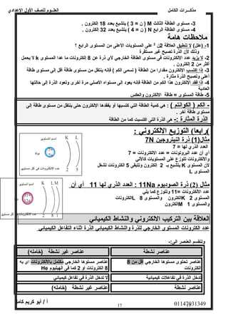 العلــوم للصف الولل العددادي 
مذكـــرات الكامل 
ن = 3 ) يتشبع بعدد 18 إلكترولن . ) M -3 مستوى الطاقة الثالث 
ن = 4 ) يتشبع بعدد 32 إلكترولن . ) N -4 مستوى الطاقة الرابع 
ملحظظات هامة 
-1 (عدلل) ل ت نطبق العلقة 2ن 2 عدلى المستويات العدلى من المستوى الرابع ؟ 
ولذلك لن الذرة تصبح غير مستقرة 
ل يحمل k -2 ل ي زيد عددد اللكترولنات فى مستوى الطاقة الخارجي لي ذرة عدن 8 إلكترولنات ما عددا المستوى 
أكثر من 2 إلكترولن . 
-3 إ ذ ا إ كتسب اللكترولن مقدارا من الطاقة ( تسمى الكم ) فإنه ينتقل من مستوى طاقة أقل إلى مستوى طاقة 
أعدلى ولتصبح الذرة مثارة . 
-4 إ ذ ا فقد اللكترولن هذا الكم من الطاقة فإنه يعود إلى مستواه الصلي مرة أخرى ولتعود الذرة إلى حالتها 
العادية 
-5 طاقة المستوى = طاقة اللكترولن ولالعكس 
- الكم ( الكوانتم ) : هي كمية الطاقة التي كتسبها أول يفقدها اللكترولن حتى ينتقل من مستوى طاقة إلى 
مستوى طاقة آخر . 
ا لذرة ا لمثارة :- هى الذرة التى اكتسبت كما من الطاقة 
) رابعا)  التوزيع ا للكتروني : 
7N مثال( 1 ) ذرة ا لنيترولجين 
العدد الذري لها = 7 
أي أن عددد البرولتونات = عددد اللكترولنات = 7 
ولاللكترولنات تتوزع عدلى المستويات كالتي 
يتشبع بـ 2 إلكترولن ولتتبقى 5 الكترولنات تشغل K لن المستوى 
L المستوى 
11 : العدد ا لذري ل ه ا 11 أي أ ن Na مثال ( 2 )  ذرة ا لصوديوم 
عددد اللكترولنات = 11 ولتتوزع كما يلي 
الكترولنات L الكترولن ولالمستوى 8 K المستوى 2 
الكترولن M ولالمستوى 1 
العلقة بين التركيب اللكتروني والنشاط الكيميائي 
عددد ا لكترولنات ا لمستوى ا لخارجي ل لذرة والنشاط ا لكيميائي ا لذرة ا ثناء ا لتفاعدل ا لكيميائي 
ولتنقسم العنصر الى:- 
عدناصر نشطة عدناصر غير نشطة (خامله) 
عدناصر تحتوى مستوها الخارجي أقل من 8 
الكترولنات 
عدناصر مستوها الخارجي مكتمل باللكترولنات اى به 
He 8 الكترولنات اول 2 كما فى الهيليوم 
تدخل الذرة في تفاعدلت كيميائية ل تدخل الذرة في تفاعدل كيميائي 
عدناصر نشطة عدناصر غير نشطة (خامله) 
01147031349 أ / أبو كريم كامل 
17 17 
 