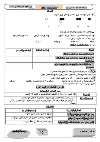 رب اشرح لي صدري ويسر لي امري 
15 
Mr. Sharaf 65556201110 الموجز فى علوم اول اعدادي 2651 
2651 
الاسئلة 
1 /اي منهم يعد جزي للعنصر والاخر جزي للمركب :)1( 
س ص ع م 
س 2:اكتب عدد جزئيات والذرات في كل من : 
أ 6 جزئيات الاكسجين ب : 5 جزئيات النيون ج: 3 جزئيات الزئبق د 2 جزئ لصوديوم - - 
س 3 : احسب عدد الذرات والجزئيات: 
1 4k: ب/ 5He ج/ 9N2 د/ 3O2 
س 4 : احذف الكلمة الشاذة 
س 1:ما اسم المركب تساوي عدد ذراته مع عدد عناصره؟ 
س 2:لديك صوديوم كلور اكسجين هيدروجين وضح كيف يمكن تكوين – - - 
1 جزئ عنصر به ذرتين 2 جزي عنصر احادي الذرة - - 
3 مركب يتساوي عدد ذراته مع عدد جزئياته 4 مركب به 3 ذرات لعنصرين مختلفين 5 مركب - - - 
يتكون من اربعة ذرات لثلاثة عناصرمختلفة 
الدرس الثالث: تركيب الذرة 
رموز العناصر الكيميائية 
الاهمية لكل عنصر رمز يرمز له لتسهيل التعامل وسهوله التعبيرعن العنصر 
قواهد الكتابة 1 رموز كتبت باللغة الاتينية لان الحروف الانجليزية لا تكفي لكل العناصر - 
2 لو رمز من حرف واحد يكتب كايبتال ومن الحرفين يكتب الحرف الاول كايبتال والثاني - 
اسمول 
التعليلات 
الحقيقية العلمية السبب العلمي 
يعبر عن الذرات برموز كيميائية ليسهل التعامل معها والتعبير عنها 
تتكون رموز العناصر من حرفين لاتفاقها مع عناصر الاخري في الحرف الاول من الاسم 
لا تعبر بعض رموز عند نطقها عن الانجليزية لانها عناصر مشتقة من اللغة اللاتينية 
السؤال الكلمة الشاذة المفهوم العلمي 
1/جزي الاكسجين ملح الطعام النشادر - - 
2/جزي الاكسجين جزي النتروجين جزي الكلور- - - 
جزي النيون 
3/ جزئ الزئبق جزي البروم جزي الهيليوم جزي - - - 
الصوديوم 
 