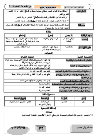 رب اشرح لي صدري ويسر لي امري 
32 
Mr. Sharaf 65556201110 الموجز فى علوم اول اعدادي 2651 
2651 
التطيبقات 1 احاطة مواقد شواء اللحوم بصفائح معدنية مصقولة )علل( لعكس حرارة الشمس - 
لتسريع الشئ 
2 ارتداء الملابس القاتمة في فصل الشتاء)علل( لتمتص حرارة الشمس - 
3 ارتداء الملابس البيضاء في فصل الشتاء)علل( لتعكس حرارة الشمس - 
خد بالك ليست الشمس فقط المصدر الوحيد للاشعاع او للطاقة الاشعاعية )علل( لان كل مصادر 
الضوء تشع حرارة مثل لمصباح 
مقارنة 
وجه المقارنة 
التوصيل 
الحمل 
الاشعاع 
الوسط 
تتم في الاجسام 
الصلبة 
في السوائل والغازات 
الفراغ :حيث تنتقل الحرارة من الجسم درجة 
حرارته مرتفعة الي الوسط المحيط دون حاجة 
للوسط المادي 
طريقة الانتقال 
بالملامسة 
صعود الهواء الساخن 
وويحل محله هواء البارد 
اشعة المدفاة والشمس 
التعليلات 
الحقيقية العلمية 
السبب العلمي 
1/توضع المدفاةعلي ارضية الغرفة 
لان الهواء الساخن تقل كثافته فيرتفع لاعلي ويحل محله هواء 
البارد فتتم التدفئة في كل ارجاء الغرفة 
2/يوضع الفريزر اعلي الثلاجة 
لان الهواء البارد تزداد كثافته فيهبط لاسفل ويحل محله 
الهواء الساخن فتتم تبريد كل اجزاء الثلاجة 
3/تصنع اواني الطهي من النحاس او الومنيوم 
لانها جيدة التوصيل الحرارة 
4/تتركبزجاج بعض النوافذ من طبقتينمن الزجاج 
بينهما الهواء 
لمنع تسرب الحرارة للخارج شتاءأ والي الداخل صيف اً 
5/نترك مسافات بين قضبان السكة الحديد 
لانها تتمدد بالحرارة صيفاً وتنكمش شتاء اً 
6/تحاط مواقد شواء اللحوم بصفائح معدنية مصقولة 
لتعكس الحرارة 
7/نرتدي الملابس الداكنة في فصل الشتاء 
لتمتص الحرارة 
7/نرتدي الملابس الفاتحة في فصل الصيف 
لتعكس الحرارة 
مصادر الطاقة 
انواع الدائمة المتجددة الغير المتجددة 
مثل 
الشمس 
الرياح المد - 
والجذر*الكهرباء 
الفحم البترول الغاز الطبيعي – - 
الطاقة الشمسية 
مميزات : 
1(:/المصدر الرئيسي لكل الطاقات الموجودة علي سطح الارض ) 2(:مصدر نظيف لا تلوث البيئة ( 
 