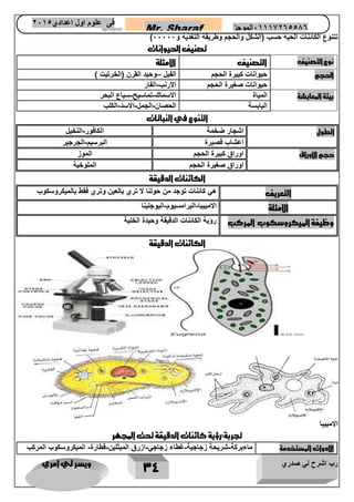 رب اشرح لي صدري ويسر لي امري 
34 
Mr. Sharaf 65556201110 الموجز فى علوم اول اعدادي 2651 
2651 
) تتنوع الكائنات الحية حسب )الشكل والحجم وطريقة التغذية و 11111 
تصنيف الحيوانات 
نوع التصنيف التصنيف الامثلة 
الحجم حيوانات كبيرة الحجم الفيل وحيد القرن )الخرتيت ( – 
حيوانات صغيرة الحجم الارنب الفار - 
بيئة المعايشة المياة الاسماك تماسيح سباع البحر - - 
اليابسة الحصان الجمل الاسد الكلب - - - 
التنوع في النباتات 
الطول اشجار ضخمة الكافور النخيل - 
اعشاب قصيرة البرسيم الجرجير - 
حجم الاوراق اوراق كبيرة الحجم الموز 
اوراق صغيرة الحجم الملوخية 
الكائنات الدقيقة 
التعريف هي كائنات توجد من حولنا لا تري بالعين وتري فقط بالميكروسكوب 
الامثلة الامبيبا البرامسيوم اليوجلينا - - 
وظيفة الميكروسكوب المركب رؤية الكائنات الدقيقة وحيدة الخلية 
الكائنات الدقيقة 
الامبيبا 
تجربة:رؤية كائنات الدقيقة تح المجهر 
الادوات المستخدمة ماءبركة شريحة زجاجية غطاء زجاجي ازرق الميثلين قطارة الميكروسكوب المركب - - - - - 
 