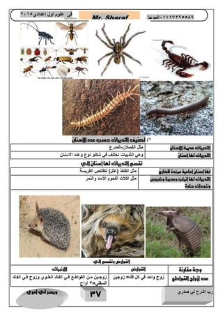 رب اشرح لي صدري ويسر لي امري 
37 
Mr. Sharaf 65556201110 الموجز فى علوم اول اعدادي 2651 
2651 
1/ تصنيف الثدييات حسب عدد الاسنان 
الثدييات عديمة الاسنان مثل الكسلان المدرع - 
الثدييات لها اسنان وهي الثدييات تختلف في شكلو نوع وعدد الاسنان 
تقسم الثدييات لها اسنان الي 
لها اسنان امامية ممتدة للخارج مثل القنفذ )علل( لتقتنص الفريسة 
الثدييات لها انياب ومدببة وضروس 
ونتوءات حادة 
مثل اكلات اللحوم الاسد والنمر 
القوارض وتقسم الي 
وجة مقارنة القوارض الارنبيات 
عدد ازواج القواطع زوج واحد في كل فك= زوجين زوجااين ماان القواطااع فااي الفااك العلااوي وزوج فااي الفااك 
السفلي= 3 اواج 
 