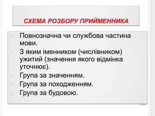 СХЕМА РОЗБОРУ ПРИЙМЕННИКА 
 Повнозначна чи службова частина 
мови. 
 З яким іменником (числівником) 
ужитий (значення якого відмінка 
уточнює). 
 Група за значенням. 
 Група за походженням. 
 Група за будовою. 
 