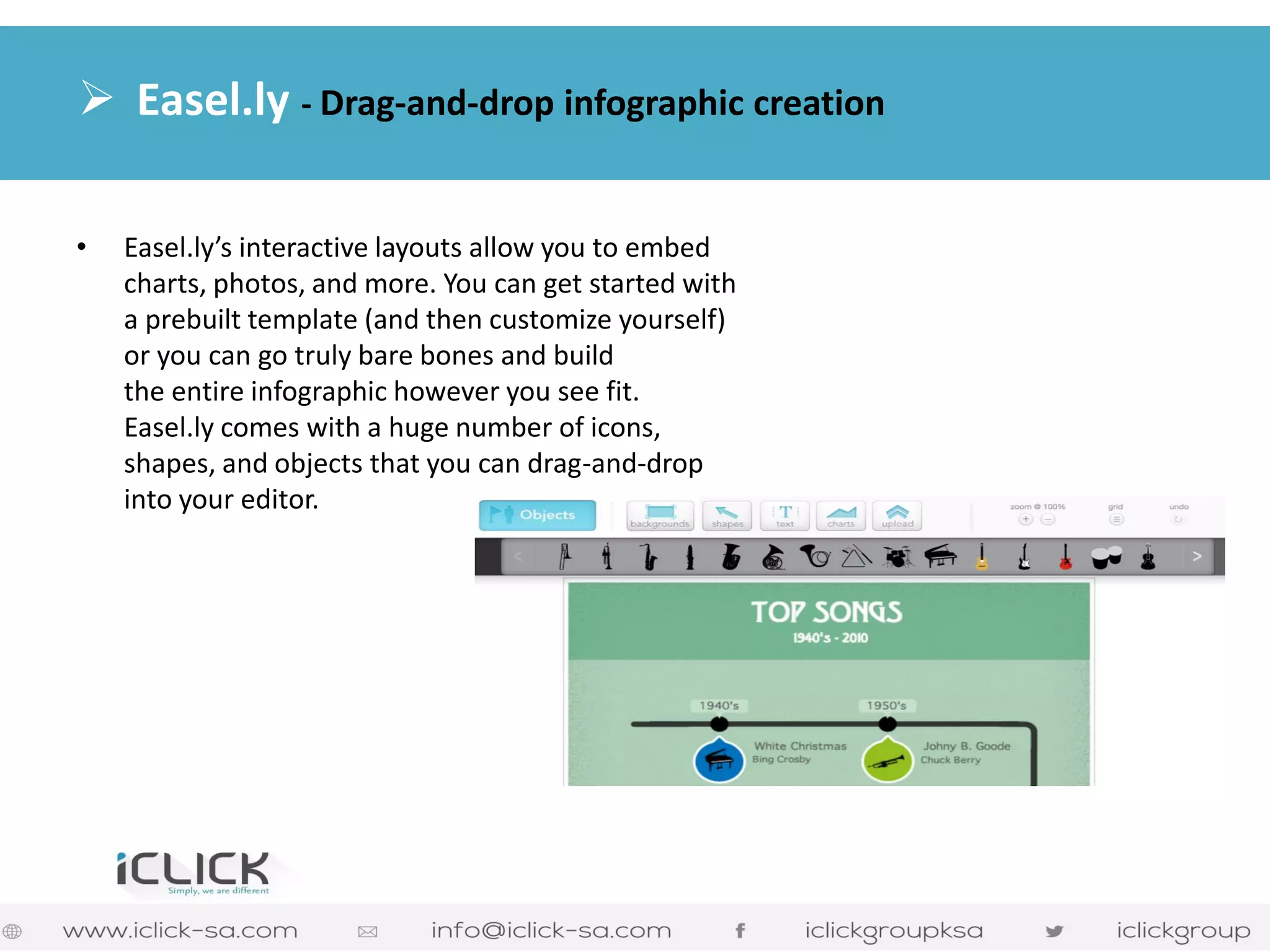 •Easel.ly’s interactive layouts allow you to embed charts, photos, and more. You can get started with a prebuilt template (and then customize yourself) or you can go truly bare bones and build the entire infographic however you see fit. Easel.ly comes with a huge number of icons, shapes, and objects that you can drag-and-drop into your editor. 
 Easel.ly - Drag-and-drop infographic creation  