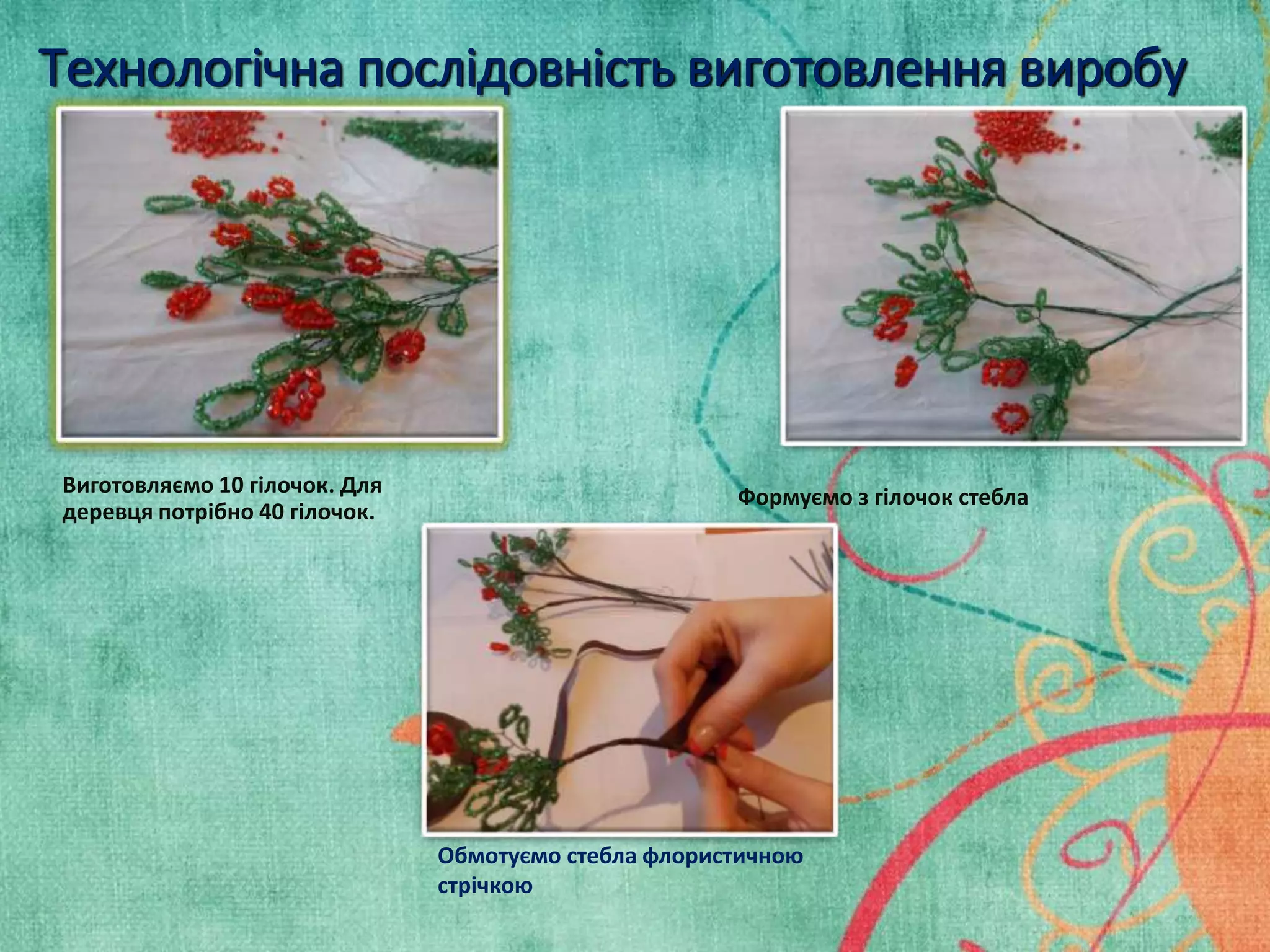 Технологічна послідовність виготовлення виробу 
Виготовляємо 10 гілочок. Для 
деревця потрібно 40 гілочок. 
Формуємо з гілочок стебла 
Обмотуємо стебла флористичною 
стрічкою 
 