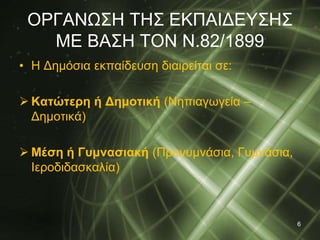 ΟΡΓΑΝΩΣΗ ΤΗΣ ΕΚΠΑΙΔΕΥΣΗΣ 
ΜΕ ΒΑΣΗ ΤΟΝ Ν.82/1899 
• Η Δημόσια εκπαίδευση διαιρείται σε: 
 Κατώτερη ή Δημοτική (Νηπιαγωγεία – 
Δημοτικά) 
 Μέση ή Γυμνασιακή (Προγυμνάσια, Γυμνάσια, 
Ιεροδιδασκαλία) 
6 
 