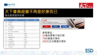 10 
天下會員經營不再是好康而已 
過去都是提供好康 
會員權益： 
14種免費電子報訂閱 
79折購書折價券 
200元生日購書折價券 
 