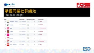 17 
掌握同業社群績效 
Facebook insight 
 