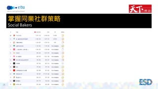 18 
掌握同業社群策略 
Social Bakers 
 