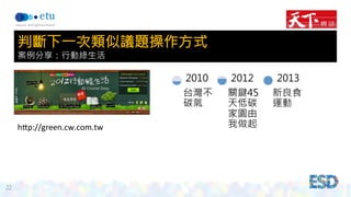 22 
判斷下一次類似議題操作方式 
案例分享：行動綠生活 
2010 
台灣不 
碳氣 
2012 
關鍵45 
天低碳 
家園由 
我做起 
2013 
新良食 
運動 
h*p://green.cw.com.tw 
 