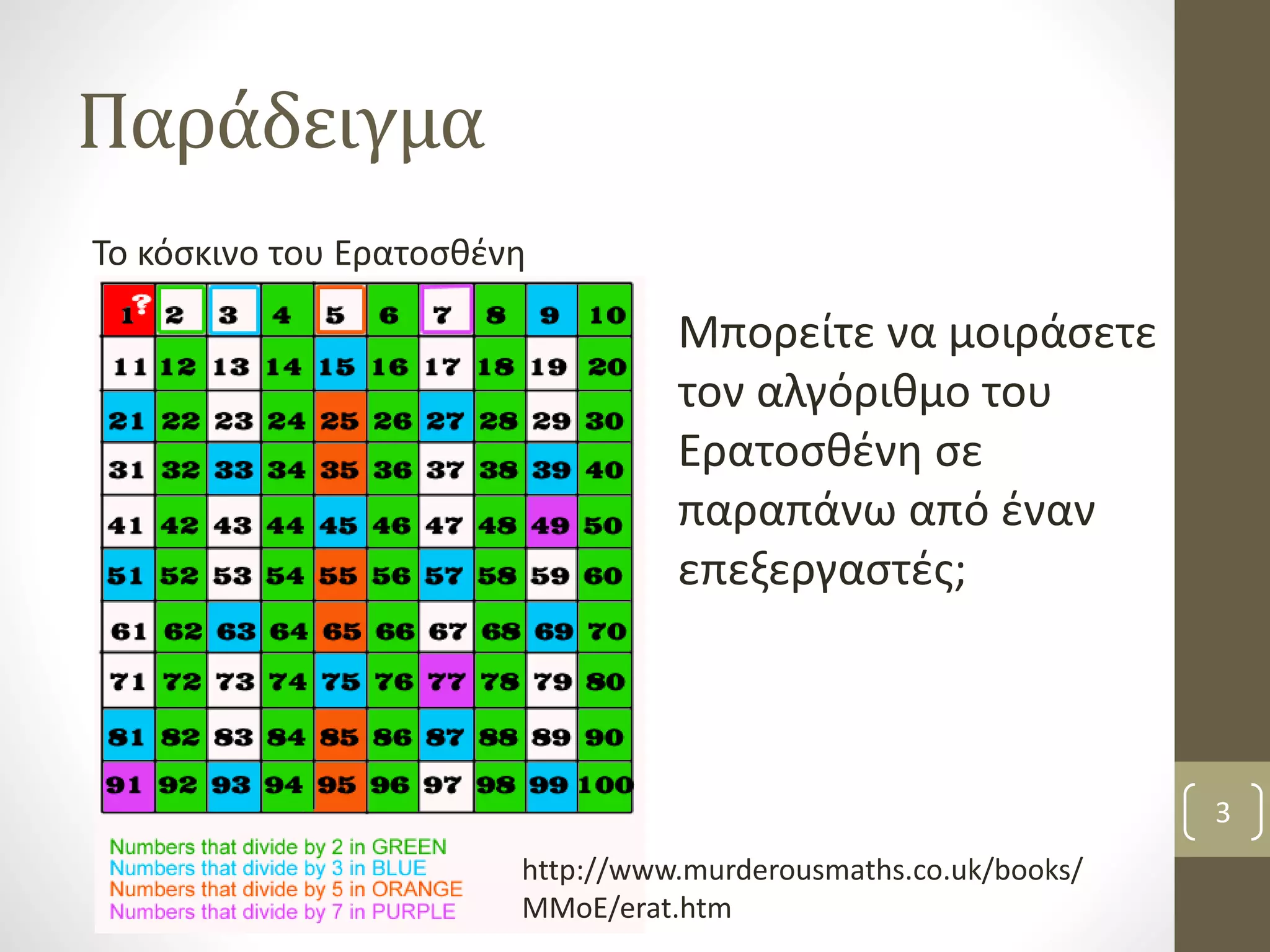 Παράδειγμα 
Το κόσκινο του Ερατοσθένη 
Μπορείτε να μοιράσετε 
τον αλγόριθμο του 
Ερατοσθένη σε 
παραπάνω από έναν 
επεξεργαστές; 
3 
http://www.murderousmaths.co.uk/books/ 
MMoE/erat.htm 
 