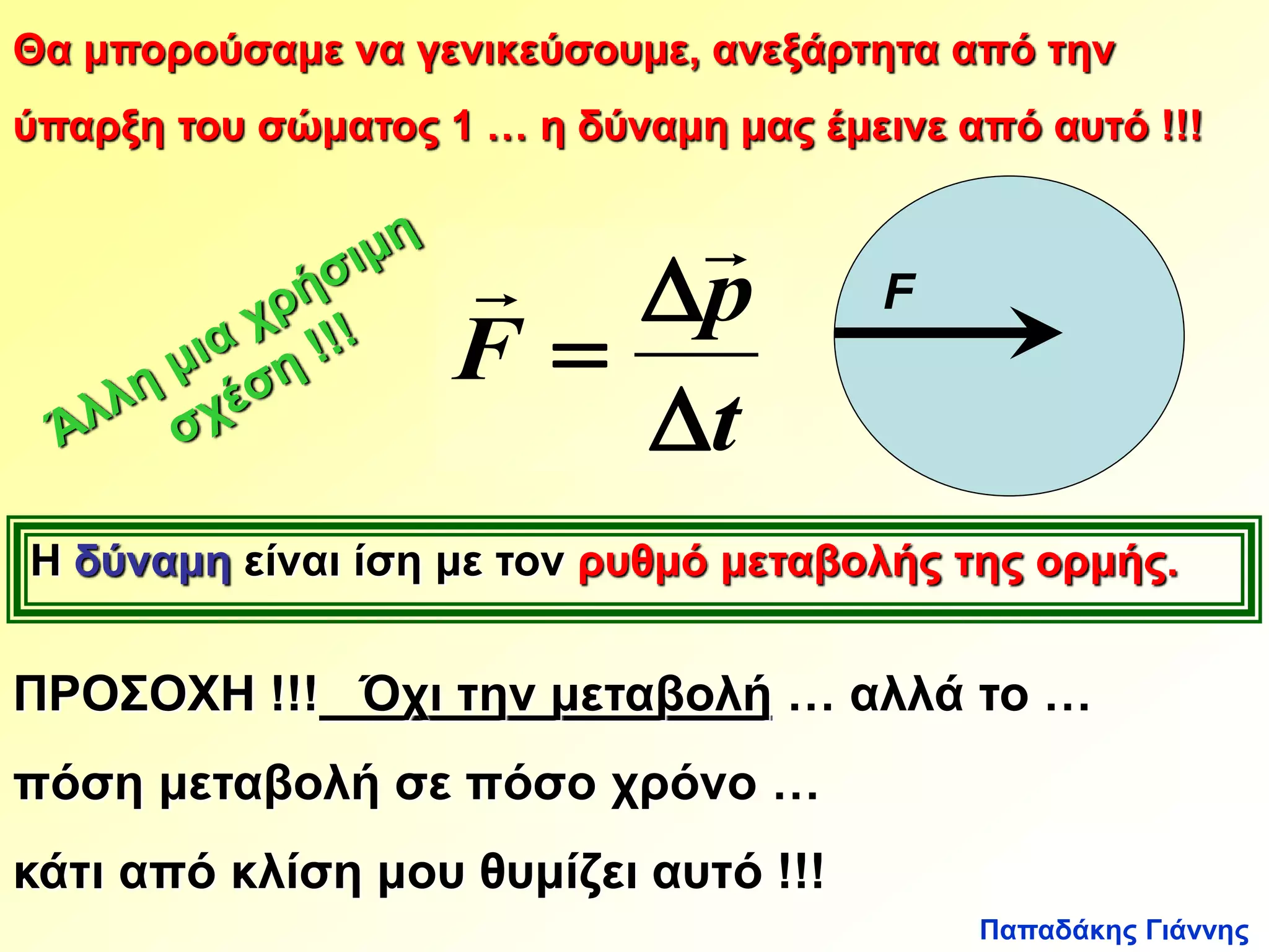 Θα μπορούσαμε να γενικεύσουμε, ανεξάρτητα από την 
ύπαρξη του σώματος 1 … η δύναμη μας έμεινε από αυτό !!! 
Παπαδάκης Γιάννης 
  F 
p 
t 
F 
 
 
 
Η δύναμη είναι ίση με τον ρυθμό μεταβολής της ορμής. 
ΠΡΟΣΟΧΗ !!! Όχι την μεταβολή … αλλά το … 
πόση μεταβολή σε πόσο χρόνο … 
κάτι από κλίση μου θυμίζει αυτό !!! 
 