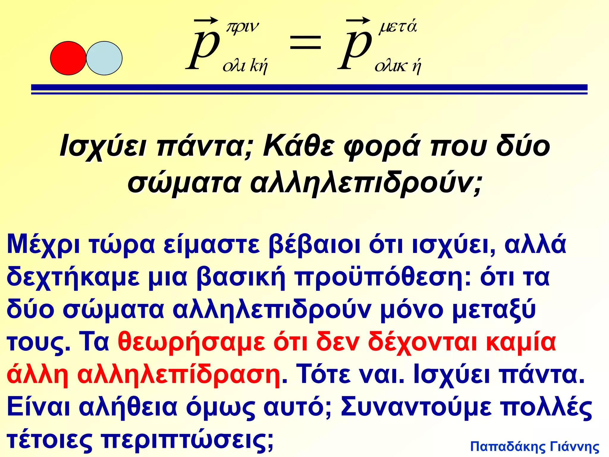 Παπαδάκης Γιάννης 
  
p  
 
p 
ά 
 
kή  
ή Ισχύει πάντα; Κάθε φορά που δύο 
σώματα αλληλεπιδρούν; 
Μέχρι τώρα είμαστε βέβαιοι ότι ισχύει, αλλά 
δεχτήκαμε μια βασική προϋπόθεση: ότι τα 
δύο σώματα αλληλεπιδρούν μόνο μεταξύ 
τους. Τα θεωρήσαμε ότι δεν δέχονται καμία 
άλλη αλληλεπίδραση. Τότε ναι. Ισχύει πάντα. 
Είναι αλήθεια όμως αυτό; Συναντούμε πολλές 
τέτοιες περιπτώσεις; 
 
