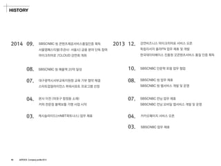 2014 
09. 
SBSCNBC씽콘텐츠제공서비스품질인증획득 
서울앱페스티벌(주관사: 서울시)금융분야단독참여 
마이크히어로7CLOUD강연회개최 
07. 
대구광역시서부교육지원청교육기부협약체결 
스타트업얼라이언스파워서포트프로그램선정 
04. 
본사이전(마포구합정동소재) 
커피전문점블랙보틀가맹사업시작 
03. 
캐시슬라이드(㈜NBT파트너스) 업무제휴 
2013 
12. 
강연비즈니스마이크히어로서비스오픈 
독립리서치올라FN업무제휴및개발 
한국데이터베이스진흥원굿콘텐츠서비스품질인증획득 
10. 
SBSCNBC인문학포럼업무협업 
08. 
SBSCNBC 씽업무제휴 
SBSCNBC씽웹서비스개발및운영 
08. 
SBSCNBC씽매출액20억달성 
07. 
SBSCNBC 컨닝업무제휴 
SBSCNBC 컨닝모바일앱서비스개발및운영 
04. 
카카오페이지서비스오픈 
03. 
SBSCNBC업무제휴 
HISTORY 
10ASTOCK Company profile 2014  