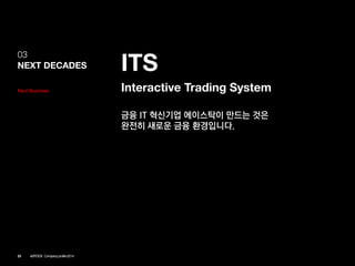 03 
NEXT DECADES 
ITS 
Interactive Trading System 
Next Business 
금융IT 혁신기업에이스탁이만드는것은 
완전히새로운금융환경입니다. 
23ASTOCK Company profile 2014  