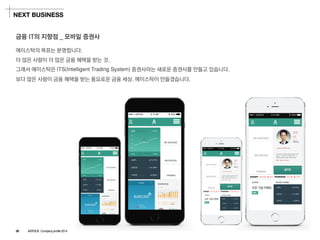 에이스탁의목표는분명합니다. 
더많은사람이더많은금융혜택을받는것. 
그래서에이스탁은ITS(Intelligent Trading System)증권사라는새로운증권사를만들고있습니다. 
보다많은사람이금융혜택을받는풍요로운금융세상. 에이스탁이만들겠습니다. 
금융IT의지향점_ 모바일증권사 
NEXT BUSINESS 
26ASTOCK Company profile 2014  