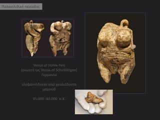 Παλαιολιθική περίοδος 
Venus of Hohle Fels 
(γνωστή ως Venus of Schelklingen) 
Γερμανία 
ελεφαντόδοντο από χαυλιόδοντα 
μαμούθ 
35.000 -40.000 π.Χ. 
 