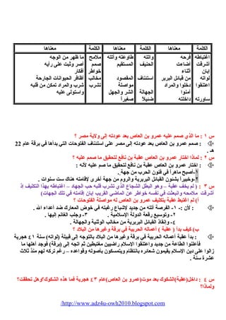 الكلمة معناها الكلمة معناها الكلمة معناها 
اغتباطه 
فرحه 
واتته 
طاوعته وأتته 
ملمح 
أشيرقت 
أضاءت 
الحينيف 
المستقيم 
صيمم 
إبان 
أثناء 
خواطر 
لواته 
من قبائل البربر 
استئناف 
المقصود 
مخالب 
اعتنقوا 
دخلوا والمراد 
مواصيلة 
تشرب 
آمنوا 
الجهالة 
الشر والجهل 
ساورته 
داخلته 
ضئيلً 
صيغيراً 
ما ظهر من الوجه 
أصير وثبت على رأيه 
أفكار 
أظافر الحييوانات الجارحة 
شيرب والمراد تمكن من قلبه 
واستولى عليه 
س ١ : ما الذي صيمم عليه عمرو بن العاص بعد عودته إلى ولية مصر ؟ 
صيمم عمرو بن العاص بعد عودته إلى مصر على استئناف الفتوحات التي بدأها في برقة عام 22 :  
هـ . 
س ٢ : لماذا اختار عمرو بن العاص عقبة بن نافع لتحيقيق ما صيمم عليه ؟ 
اختار عمرو بن العاص عقبة بن نافع لتحيقيق ما صيم عليه لنه : :  
١-أصيبح ماهراً في فنون الحيرب من جهة . 
٢-وخبيراً بشئون القبائل البربرية والروم من جهة أخرى لقامته هناك ست سنوات . 
س ٣ : ( لم يخف عقبة – وهو البطل الشجاع الذي تشرب قلبه حب الجهاد – اغتباطه بهذا التكليف إذ 
أشيرقت ملمحيه وانبعثت في نفسه خواطر عن الماضي القريب إبان إقامته في تلك الجهات) 
أ) لم اغتبط عقبة بتكليف عمرو بن العاص له مواصيلة الفتوحات ؟ 
لن :- ١- الفرصية أتته من جديد لشيباع رغبته في خوض المعارك ضد أعداء ال . :  
٢- وتوسيع رقعة الدولة السلمية . ٣- وجلب الغانم إليها . 
٤- وإنقاذ القبائل البربرية من مخالب الوثنية والجهالة . 
ب) كيف بدأ ( عقبة ) أعماله الحيربية في برقة وغيرها من البلد ؟ 
بدأ عقبة أعماله الحيربية في برقة وغيرها من البلد بالتوجه إلى قبيلة (لواته) سنة ٤١ هجرية :  
فأعلنوا الطاعة من جديد واعتنقوا السلم راضيين مغتبطين ثم اتجه إلى (برقة) فوجد أهلها ما 
زالوا على دين السلم يقيمون شيعائره بانتظام ويتمسكون بأصيوله وقواعده – رغم تركه لهم منذ ثلث 
عشرة سنة . 
س ٤ : داخل(عقبة)الشكوك بعد موت(عمرو بن العاص)عام ٤٣ هجرية فما هذه الشكوك؟وهل تحيققت؟ 
ولماذا؟ 
/http://www.adz4u-owh2010.blogspot.com 
 