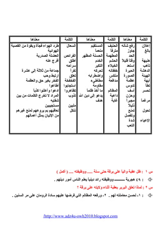 الكلمة معناها الكلمة معناها الكلمة معناها 
إعلن 
بالغ 
هنيهة 
تأهب 
الدهشة 
الهيئة 
أبهة 
تطأ 
تحيسر 
مرغماً 
تحيول 
العياء 
رفع شيأنه 
جاوز 
الحيد 
وقتاً قليلً 
استعد 
الحييرة 
الصورة 
عظمة 
تدوس 
أسف 
وحزن 
مجبراً 
ذليلً 
تمنع 
وتفصل 
شيدة 
التعب 
الحينيف 
مترفاً 
المطهمة 
الحيشم 
الخيلء 
خفقانه 
منكس 
مدافعة 
المظالم 
داعية 
غاية 
المستقيم 
منعماً 
الحيسنة المظهر 
الخدم 
التكبر 
تحيركه 
واضطرابه 
مطأطيء 
مقاومة 
ما أُخذ ظلماً 
يدعو إلى دين ال 
هدف 
السعال 
الفرائص 
أطلق 
سراحه 
نفراً 
تعلق 
الفخفخة 
استجابوا 
تظاهروا 
تذوب 
ملبين 
ننكل 
طرد الهواء فجأة وبقوة من القصبة 
الهوائية 
العضلة الصدرية 
أفرج عنه 
جماعة من ثلثة إلى عشرة 
ارتبط وحب 
الفخر بغير حق والعظمة 
أطاعوا 
ادعوا وأعلنوا كذباً 
المراد ل تخرج الكلمات من بين 
شيفتيه 
مستجيبين 
نعاقبهم بم يروعهم لمنع غيرهم 
من التيان بمثل أعمالهم 
س ١ : ظل عقبة والياً على برقة حتى سنة ..... ووظيفته .... ( أكمل ) 
٤٩ هجرية ــــــــــــ ووظيفته رائد دينياً يعلم الناس أمور دينهم . :  
س ٢ : لماذا تعلق البربر بعقبة أثناء وليته على برقة ؟ 
١- لحيسن معاملته لهم . ٢- ورفعه المظالم التي فرضها عليهم سادة الرومان على مر السنين . :  
/http://www.adz4u-owh2010.blogspot.com 
 