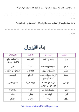 ج- ماذا فعل عقبة مع ملكها وزعمائها ؟وما أثر ذلك علي حكام  الوليات ؟ 
....................................................................................................................... 
....... 
د- ما أسباب الرسائل المتبادلة بين حكام  الوليات البيزنطية في تلك الفترة؟ 
....................................................................................................................... 
....... 
الكلمة المرادف الكلمة المرادف 
بناء  تشييد (ع) هدم  القيروان مكان للجتماع 
( كلمة فارضسية ) 
النحو التجاه (ج) النحاء  كثيف كثير 
تضم تجمع ( ع) تفرق الفاعى الحيات (م ) الفعى 
أمتعة كل ما ينفع المرء  من 
طعام  (م ) متاع 
السباع الوحوش 
مواطن كل مكان أقام  به 
النسان (م ) موطن 
جودة التربة خصوبة التربة 
مقر مكان (ج)مقرات هواء  (ج) أهوية 
آمن (ع) خطر يتطلع ينظر 
يأوى يلجأ تجوس تتجول 
/http://www.adz4u-owh2010.blogspot.com 
 