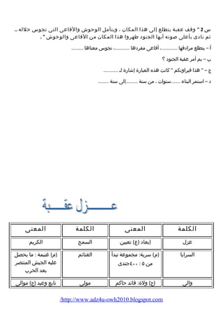 س 2  وقف عقبة يتطلع إلى هذا المكان ، ويتأمل الوحوش والفاعى التى تجوس خلله .. 
ثم نادى بأعلى صوته أيها الجنود طهروا هذا المكان من الفاعى والوحوش  . 
أ – يتطلع مرادفها ............، أفاعى مفردها ...........، تجوس معناها ......... 
ب – بم أمر عقبة الجنود ؟ 
ج –  هذا قيراونكم  كانت هذه العبارضة إشارضة لـ ........... 
د – استمر البناء  .......سنوات ، من سنة .........إلى سنة ........ 
الكلمة المعنى الكلمة المعنى 
عزل إبعاد (ع) تعيين السمح الكريم 
السرايا (م ) سرية: مجموعة تبدأ 
٤٠٠ جندى : من ٥ 
الغنائم (م ) غنيمة : ما يحصل 
عليه الجيش المنتصر 
بعد الحرب 
والى (ج) ولة: قائد حاكم مولى تابع وعبد (ج) موالى 
/http://www.adz4u-owh2010.blogspot.com 
 
