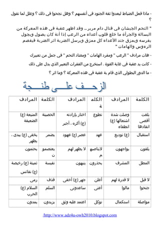 - ماذا فعل الضباط ليعدوا ثقة الجنود في أنفسهم ؟ وهل نجحوا في ذلك ؟ وعلل لما تقول 
؟ 
 التحم الجيشان في قتال دام مرير .. وقد اظهر عقبة في هذه المعركة من 
البسالة والجرأة ما خلع قلوب أعداء من الرعب إذا أنة كان يصول ويجول 
بفرسه ويمزق جند العداء كل ممزق ويرسل الضربة اثر الضربة فيقصم 
الرءوس والهامات  
- هات مرادف  الرعب  ومفرد الهامات  ومضاد التحم  في جمل من تعبيرك 
- كانت يد عقبة في غاية القوة . استخرج من الفقرات التعبير الذي يدل علي ذلك 
- ما الدور البطولي الذي قام بة عقبة في هذه المعركة ؟ وما اثر ؟ 
الكلمة المرادف الكلم 
ة 
المرادف الكلمة المرادف 
بلغت 
أقصى 
اتقادها 
وصلت شدة 
اشتعالها (ع) 
انطفاء 
تطوع اختار بإرادته 
(ع) أكره ، أجبر 
الحصينة المنيعة (ع) 
الضعيفة 
استقبال (ع) توديع عهد عصر (ج) عهود يضمر يخفى (ع) يبدى ، 
يظهر 
يلقون يواجهون ليناصبه 
م 
ل يظهر لهم يعتصمو 
ن 
يحتمون 
المطل المشرف يحذرون ينبهون نفيسة ثمينة (ع) رخيصة 
(ج) نفائس 
ل قبل ل قدرة لهم أعلن جهر (ع) أخفى قذف رمى 
جنحوا مالوا أعنى ساعدونى السلم السلم (ع) 
الحرب 
مواصلة استكمال توكل اعتمد عليه وثق يزيدون يمدون 
/http://www.adz4u-owh2010.blogspot.com 
 