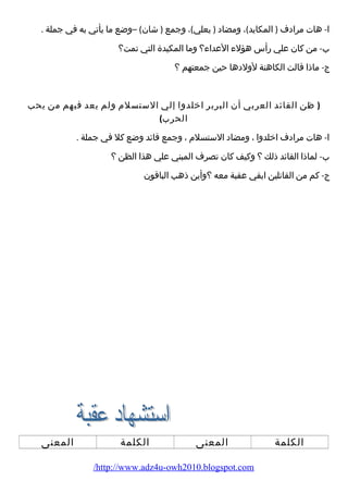 ا- هات مرادف ( المكايد)، ومضاد ( يعلي)، وجمع ( شان) –وضع ما يأتي به في جملة . 
ب- من كان علي رأس هؤلء العداء؟ وما المكيدة التي تمت؟ 
ج- ماذا قالت الكاهنة لولدها حين جمعتهم ؟ 
( ظن القائد العربي أن البربر اخلدوا إلي الستسلم ولم يعد فيهم من يحب 
الحرب) 
ا- هات مرادف اخلدوا ، ومضاد الستسلم ، وجمع قائد وضع كل في جملة . 
ب- لماذا القائد ذلك ؟ وكيف كان تصرف المبني علي هذا الظن ؟ 
ج- كم من القاتلين ابقي عقبة معه ؟وأين ذهب الباقون 
الكلمة المعنى الكلمة المعنى 
/http://www.adz4u-owh2010.blogspot.com 
 