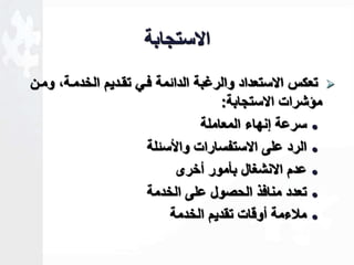 الاستجابة 
تعكس الاستعداد والرـبة الداةمة فاي تقاديم الخدماةك ومان  
مؤشرات الاستجابة: 
سرعة لنهاء المعاملة  
الرد على الاستفسارات والأسةلة  
عدم الانشغال بأمور أخرى  
تعدد منافذ الحصول على الخدمة  
ملاءمة أوقات تقديم الخدمة  
 