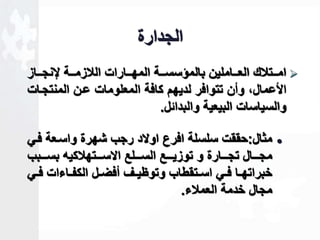 الجدارة 
اماااتلاك العااااملين بالمؤسساااة المهاااارات اللازماااة لإنجااااز  
الأعمالك وأن تتوافر لديهم كافة المعلومات عان المنتجاات 
والسياسات البيعية والبداةل. 
مثال:حققت سلسلة افرع اولاد رجب شهرة واساعة فاي  
مجااااال تجااااارة و توزيااااع الساااالع الاسااااتهلاكيه بساااابب 
خبراتهااا فااي اسااتقطاب وتوظيااف أفضاال الكفاااءات فااي 
مجال خدمة العملاء. 
 